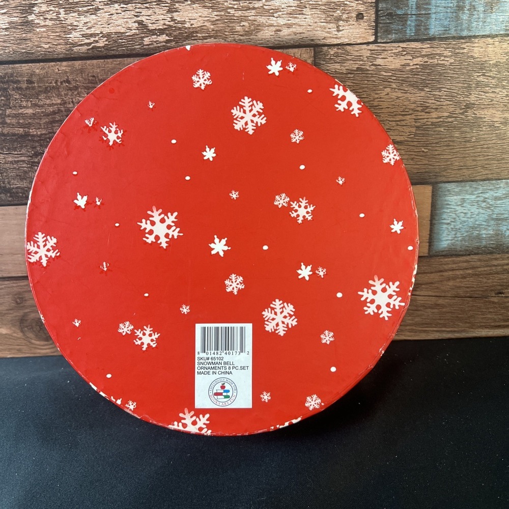 New- 8 Resin Cute Snowman Jingle Bell Christmas Ornaments in Festive Storage Box - Picture 3 of 3